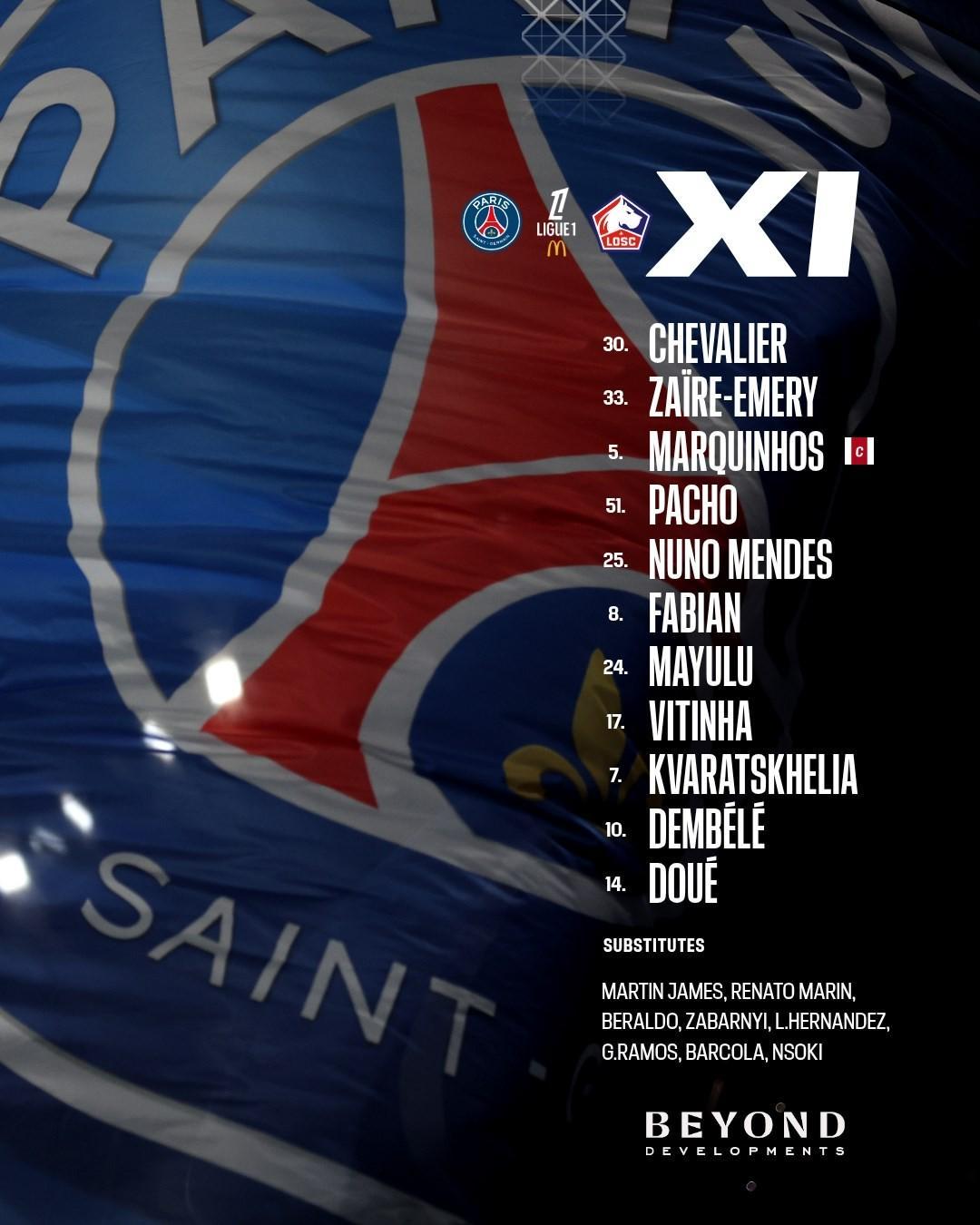 体育-巴黎vs里尔：登贝莱、杜埃首发，KK、维蒂尼亚出战